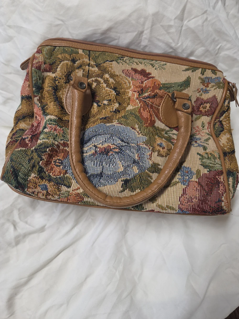 Tapestry Floral Satchel Handbag with Brown Leather Handles